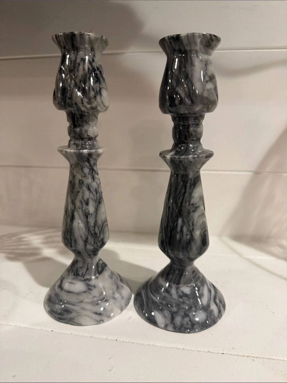 Marble-Effect Gray Pair of Candlestick Holders - Stone Heavy